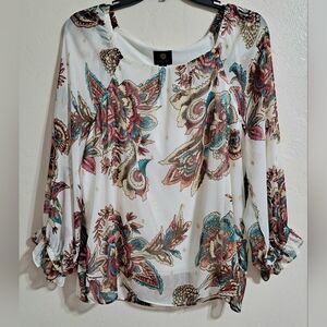 JM Collection Floral Print Sheer Sleeve Blouse White, Teal, Shimmer Gold Tones